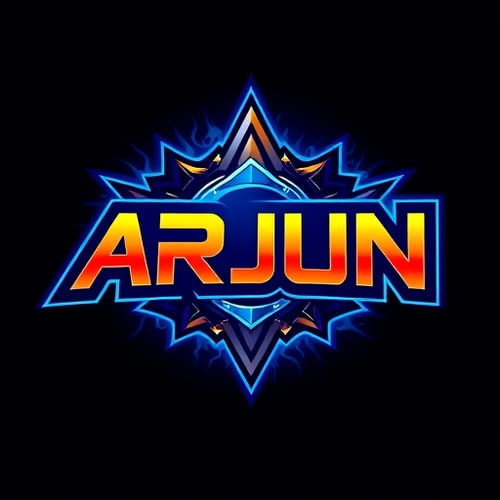AI Design for gaming banner made with word ARJUN as the main peace,add a flashy blue background