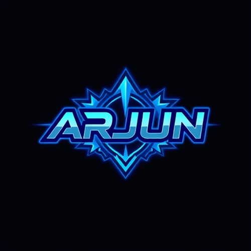 AI Design for gaming banner made with word ARJUN as the main peace,add a flashy blue background
