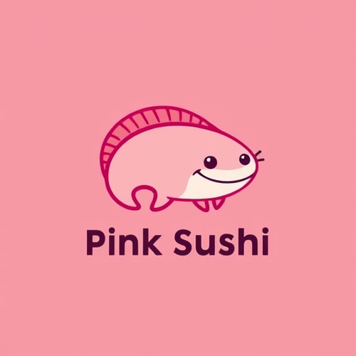 AI Design for minimalistic character logo for a sushi bar called Pink Sushi that is an axolotl with big gills and a happy face