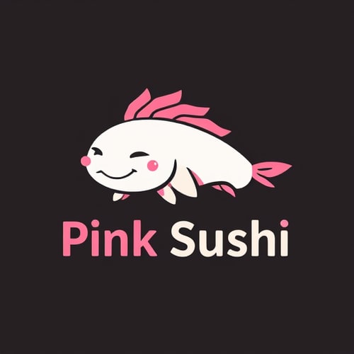 AI Design for minimalistic character logo for a sushi bar called Pink Sushi that is an axolotl with big gills and a happy face