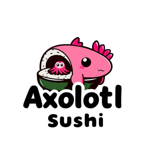 AI Design for Character logo for a quirky sushi restaurant named "Axolotl Sushi": a friendly axolotl peeking out of a sushi roll, vibrant pinks and black playful and rounded sans-serif. Design inspired by Japanese kawaii culture and vibrant aquatic life, with a smooth, clean vector illustration style, and a transparent background.