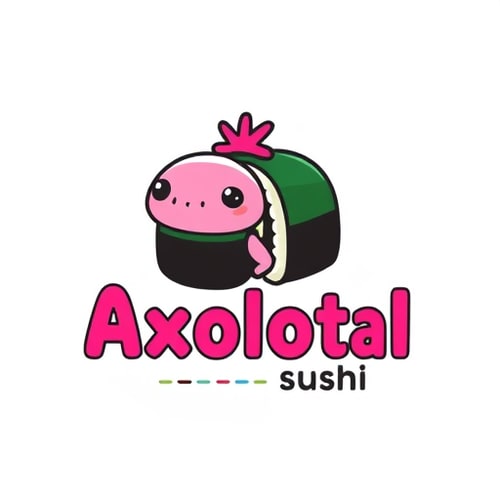 AI Design for Character logo for a quirky sushi restaurant named "Axolotl Sushi": a friendly axolotl peeking out of a sushi roll, vibrant pinks and black playful and rounded sans-serif. Design inspired by Japanese kawaii culture and vibrant aquatic life, with a smooth, clean vector illustration style, and a transparent background.
