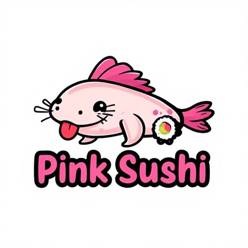 AI Design for Character logo for a quirky sushi restaurant named "Pink Sushi": a friendly axolotl eating a sushi roll, vibrant pinks and black playful and rounded sans-serif. Design inspired by Japanese kawaii culture and vibrant aquatic life, with a smooth, clean vector illustration style, and a transparent background. make it minimalistic stylish and two colors only