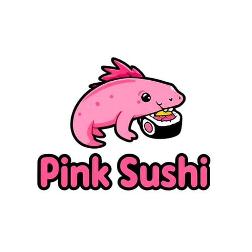 AI Design for Character logo for a quirky sushi restaurant named "Pink Sushi": a friendly axolotl eating a sushi roll, vibrant pinks and black playful and rounded sans-serif. Design inspired by Japanese kawaii culture and vibrant aquatic life, with a smooth, clean vector illustration style, and a transparent background. make it minimalistic stylish and two colors only