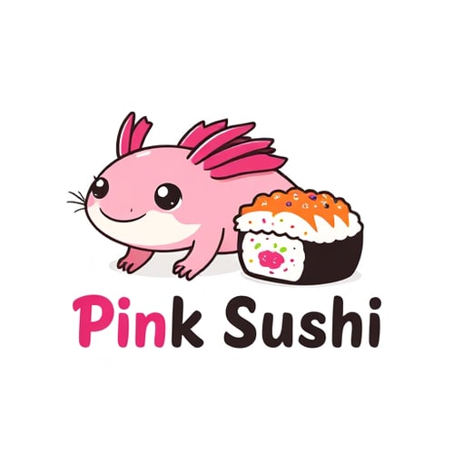 AI Design for Character logo for a quirky sushi restaurant named "Pink Sushi": a friendly axolotl next to a sushi roll, vibrant pinks and black playful and rounded sans-serif. Design inspired by Japanese kawaii culture and vibrant aquatic life, with a smooth, clean vector illustration style, and a transparent background.