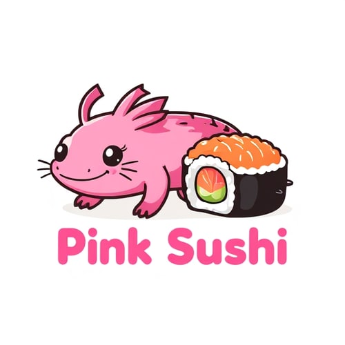 AI Design for Character logo for a quirky sushi restaurant named "Pink Sushi": a friendly axolotl next to a sushi roll, vibrant pinks and black playful and rounded sans-serif. Design inspired by Japanese kawaii culture and vibrant aquatic life, with a smooth, clean vector illustration style, and a transparent background.