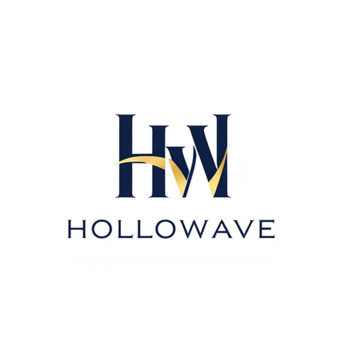 AI Design for Letterform logo for a premium men's clothing brand named "Hollowave": A sleek, interlocking "H" and "W" forming a wave-like or hollow shape, premium quality, sophisticated, and subtly luxurious, Monochromatic palette of deep navy blue and brushed gold, A custom, modern sans-serif typeface with clean lines and subtle serifs, inspired by classic menswear tailoring and architectural lines, creating a sense of timeless elegance and modern masculinity, the "HW" monogram should be subtly integrated to suggest movement or depth, the overall design should feel balanced and refined, with sharp edges and smooth curves, clean white background