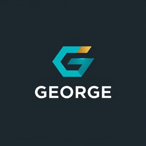 AI Design for Letterform for a fast recruiting payment portal named "GEORGE": Abstract, modern, and secure: Teal, dark gray, and a touch of metallic gold: Clean, sans-serif, with slightly rounded edges: Geometric and futuristic, influenced by digital interfaces and financial security symbols: Interlocking 'G' and 'E' forming a subtle arrow or upward trend, subtle glow effect on metallic accents: White.