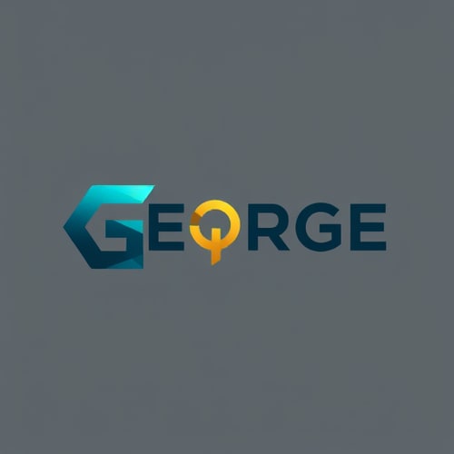 AI Design for Letterform for a fast recruiting payment portal named "GEORGE": Abstract, modern, and secure: Teal, dark gray, and a touch of metallic gold: Clean, sans-serif, with slightly rounded edges: Geometric and futuristic, influenced by digital interfaces and financial security symbols: Interlocking 'G' and 'E' forming a subtle arrow or upward trend, subtle glow effect on metallic accents: White.