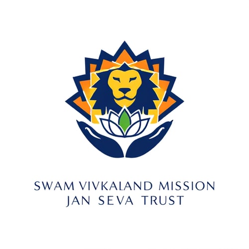 AI Design for "A geometric logo emblem for 'Swami Vivekanand Mission Jan Seva Trust'. The design features a mandala-style sun with sharp, interlocking triangles forming a lion's face in the center. Below, two minimalist hands cradle a lotus sprout. Style: clean lines, deep navy blue and saffron gradient, modern spiritual. Trust name in a bold, uppercase geometric font."
