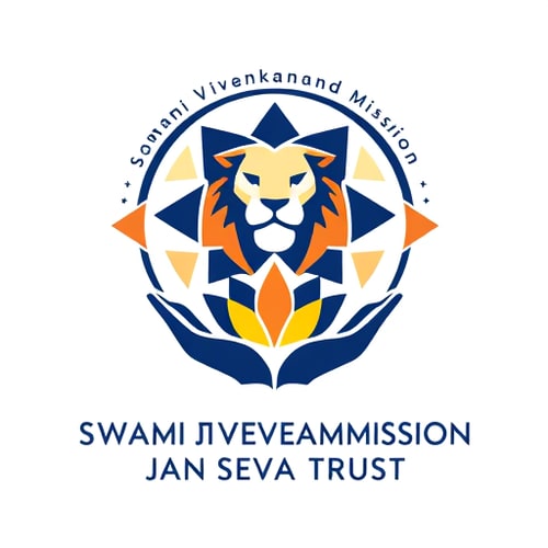 AI Design for "A geometric logo emblem for 'Swami Vivekanand Mission Jan Seva Trust'. The design features a mandala-style sun with sharp, interlocking triangles forming a lion's face in the center. Below, two minimalist hands cradle a lotus sprout. Style: clean lines, deep navy blue and saffron gradient, modern spiritual. Trust name in a bold, uppercase geometric font."