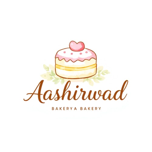 AI Design for Pictorial logo for a bakery named "Aashirwad": A delicate, hand-drawn cake with a subtle blessing motif, Color palette: Warm pastels (soft pink, creamy yellow, light mint green), Typography: Elegant, flowing script. Design influence and style direction: Whimsical and artisanal, with a touch of modern femininity, visual execution details: Soft gradients and watercolor textures, emphasizing the softness and delight of cake, background type: White.