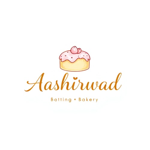 AI Design for Pictorial logo for a bakery named "Aashirwad": A delicate, hand-drawn cake with a subtle blessing motif, Color palette: Warm pastels (soft pink, creamy yellow, light mint green), Typography: Elegant, flowing script. Design influence and style direction: Whimsical and artisanal, with a touch of modern femininity, visual execution details: Soft gradients and watercolor textures, emphasizing the softness and delight of cake, background type: White.