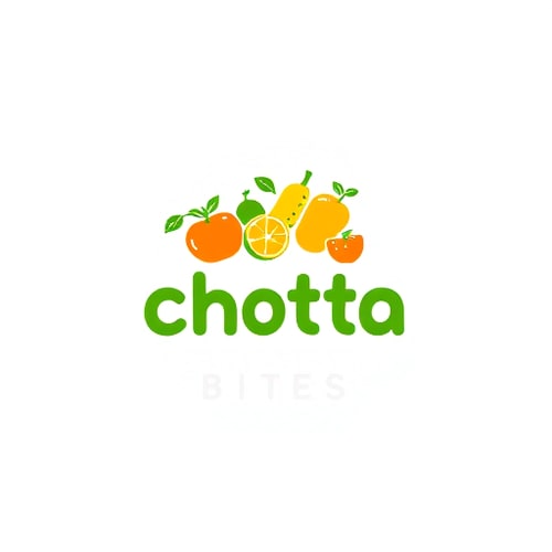 AI Design for Pictorial for a company that sells healthy, bite-sized snacks named "Chotta Bites": a playful arrangement of stylized fruit and vegetable icons forming a subtle "C", vibrant green, orange, and yellow, clean and rounded sans-serif font, inspired by children's book illustrations and a modern, cheerful aesthetic, rendered with smooth gradients and soft edges, on a clean white background.