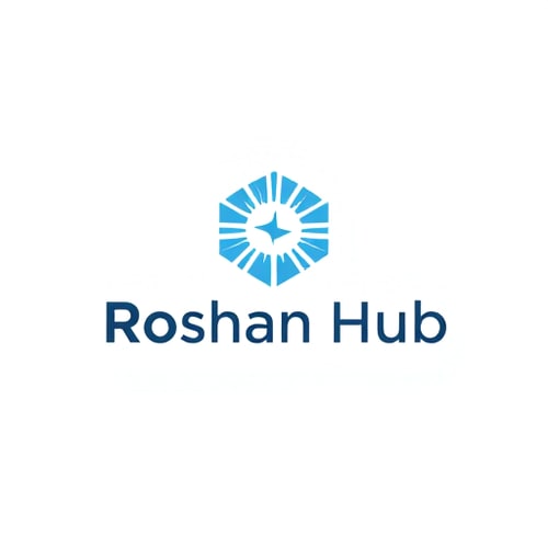 AI Design for Minimalist for a tech hub named "Roshan Hub": Clean geometric lines, a central radiating light motif, cool blues and grays, sans-serif modern typography. Design with a subtle glow effect, a simple vector illustration, and a plain white background.