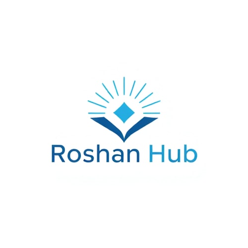 AI Design for Minimalist for a tech hub named "Roshan Hub": Clean geometric lines, a central radiating light motif, cool blues and grays, sans-serif modern typography. Design with a subtle glow effect, a simple vector illustration, and a plain white background.