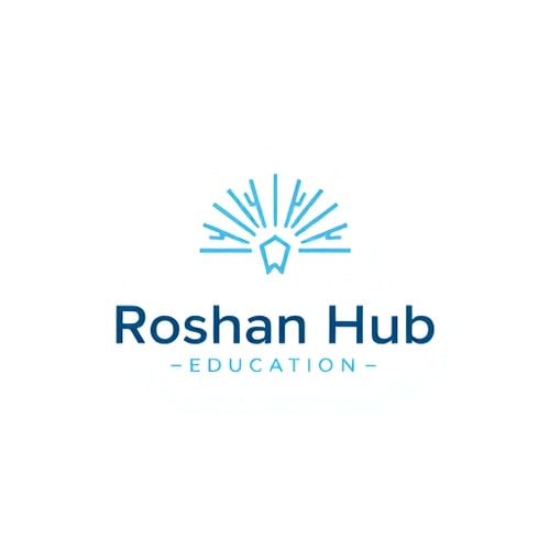 AI Design for Minimalist for a tech hub named "Roshan Hub Education": Clean geometric lines, a central radiating light motif, cool blues and grays, sans-serif modern typography. Design with a subtle glow effect, a simple vector illustration, and a plain white background.
