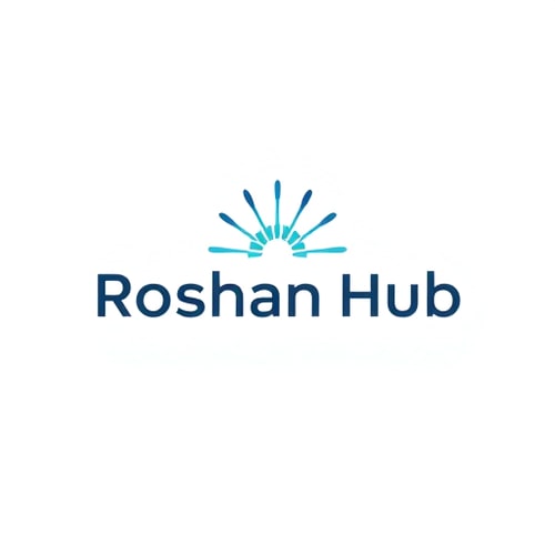 AI Design for Minimalist for a tech hub named "Roshan Hub": Clean geometric lines, a central radiating light motif, cool blues and grays, sans-serif modern typography. Design with a subtle glow effect, a simple vector illustration, and a plain white background.