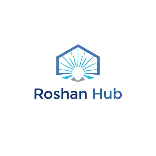 AI Design for Minimalist for a tech hub named "Roshan Hub": Clean geometric lines, a central radiating light motif, cool blues and grays, sans-serif modern typography. Design with a subtle glow effect, a simple vector illustration, and a plain white background.