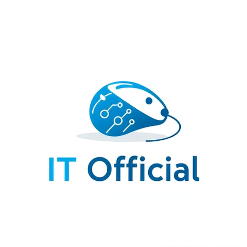 AI Design for Pictorial for a tech support and IT solutions company named "IT Official": A stylized, friendly computer mouse with a subtle circuit board pattern incorporated into its design, symbolizing connectivity and expertise. A clean, modern, and trustworthy blue and white color palette with a touch of light grey for depth. Sans-serif typography that is clean, legible, and professional. Design with a flat design influence and a subtle tech-inspired style direction, incorporating clean lines and geometric shapes. Visual execution details should include a single, scalable icon without excessive gradients or complex textures. A solid white background.
