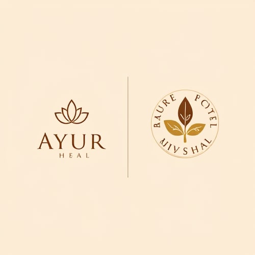 AI Design for Minimalist letterform for a premium Ayurvedic wellness brand named "AYUR HEAL": a subtle integration of a leaf or sprout element within the typography, Brown and Beige color palette, elegant serif typography. Design with a modern Ayurvedic influence and a clean, sophisticated style direction, featuring precise linework and soft gradients, on a textured beige background. Minimalist pictorial for a premium Ayurvedic healing brand named "AYUR HEAL": a stylized depiction of a lotus flower with subtle herbal leaf accents, Brown and Beige color palette, sans-serif typography with rounded edges. Design with a natural and serene influence and a minimalist art direction, showcasing smooth curves and balanced composition, on a solid beige background. Emblem for a premium Ayurvedic product line named "AYUR HEAL": a circular badge incorporating traditional Ayurvedic motifs like the Om symbol and abstract herbal patterns, Brown and Beige color palette, classic calligraphic typography. Design with a heritage and authenticity influence and a vintage yet premium style direction, emphasizing intricate detailing and a balanced layout, on a subtle linen-textured beige background. Letterform for a premium wellness service named "AYUR HEAL": interlocking elegant serif letters with a subtle golden shimmer effect in the brown accents, Brown and Beige color palette, refined and luxurious serif typography. Design with a contemporary luxury and holistic healing influence and a sophisticated, understated style direction, employing clean lines and subtle depth, on a smooth, matte beige background. Pictorial for a premium natural remedy brand named "AYUR HEAL": a simplified, abstract representation of flowing water combined with a delicate leaf, Brown and Beige color palette, modern and clean sans-serif typography. Design with a purity and natural flow influence and a contemporary minimalist style direction, focusing on fluid shapes and balanced negative space, on a soft gradient beige background.