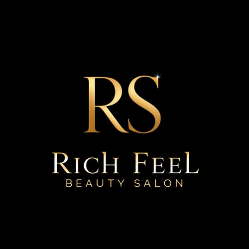 AI Design for Letterform logo for a luxury beauty salon named "Rich Feel Beauty Salon": Sleek, modern, and upscale monogram "RS" in a stylized serif font with a soft gold gradient, a thin underline with the full name. Design a sophisticated and high-end look, with the "RS" as the primary visual element and the name as a supporting detail. The "RS" should be prominent and elegant, while the underline and full name provide clarity and a touch of refined detail. Matte black background.