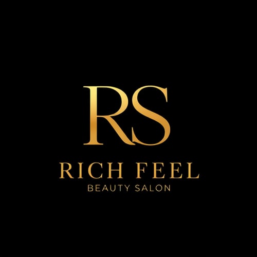 AI Design for Letterform logo for a luxury beauty salon named "Rich Feel Beauty Salon": Sleek, modern, and upscale monogram "RS" in a stylized serif font with a soft gold gradient, a thin underline with the full name. Design a sophisticated and high-end look, with the "RS" as the primary visual element and the name as a supporting detail. The "RS" should be prominent and elegant, while the underline and full name provide clarity and a touch of refined detail. Matte black background.