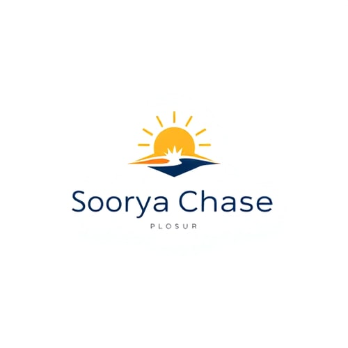 AI Design for Minimalist logo for a brand named "Soorya Chase": a stylized sun icon with a subtle chase element, warm golden hues and deep navy blue, modern sans-serif typeface. Design with a clean, abstract aesthetic, geometric shapes and negative space, on a white background.
