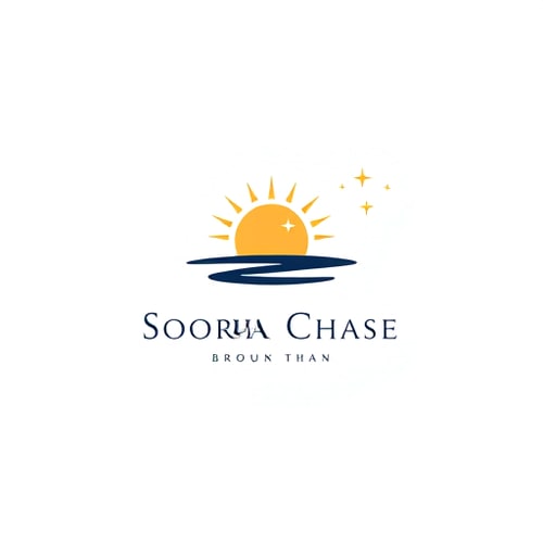 AI Design for Minimalist logo for a brand named "Soorya Chase": a stylized sun icon with a subtle chase element, warm golden hues and deep navy blue, modern sans-serif typeface. Design with a clean, abstract aesthetic, geometric shapes and negative space, on a white background.