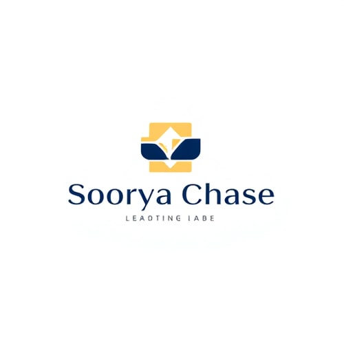 AI Design for Minimalist logo for a brand named "Soorya Chase": Abstract geometric design featuring abstract shapes and negative space, warm golden hues and deep navy blue, modern sans-serif typeface. Design with a clean, abstract aesthetic, influenced by modernism and minimalism, incorporating geometric shapes and strategic negative space, on a white background.