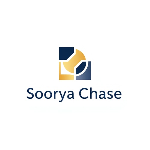 AI Design for Minimalist logo for a brand named "Soorya Chase": Abstract geometric design featuring abstract shapes and negative space, warm golden hues and deep navy blue, modern sans-serif typeface. Design with a clean, abstract aesthetic, influenced by modernism and minimalism, incorporating geometric shapes and strategic negative space, on a white background.