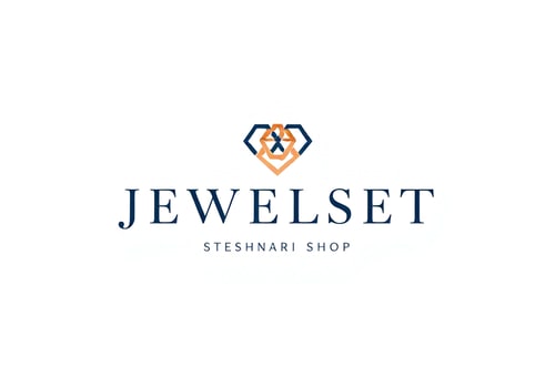 AI Design for Minimalist for a jewelry and stationery shop named "JEWELSET steshnari SHOP": Elegant interlocking geometric shapes representing precious stones and writing tools, subtle gradient of rose gold and deep navy, delicate and sophisticated sans-serif font. Design with a modern luxury aesthetic, clean lines and negative space, on a white background.