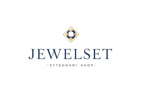 AI Design for Minimalist for a jewelry and stationery shop named "JEWELSET steshnari SHOP": Elegant interlocking geometric shapes representing precious stones and writing tools, subtle gradient of rose gold and deep navy, delicate and sophisticated sans-serif font. Design with a modern luxury aesthetic, clean lines and negative space, on a white background.