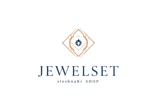 AI Design for Minimalist for a jewelry and stationery shop named "JEWELSET steshnari SHOP": Elegant interlocking geometric shapes representing precious stones and writing tools, subtle gradient of rose gold and deep navy, delicate and sophisticated sans-serif font. Design with a modern luxury aesthetic, clean lines and negative space, on a white background.
