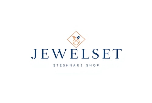 AI Design for Minimalist for a jewelry and stationery shop named "JEWELSET steshnari SHOP": Elegant interlocking geometric shapes representing precious stones and writing tools, subtle gradient of rose gold and deep navy, delicate and sophisticated sans-serif font. Design with a modern luxury aesthetic, clean lines and negative space, on a white background.