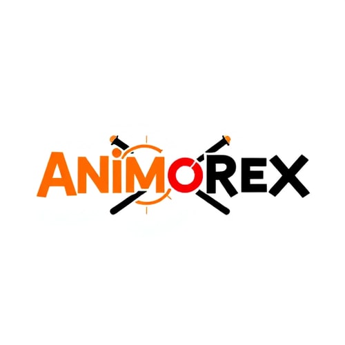 AI Design for Create a flat vector, illustrative-style wordmark logo design for an anime recommendation site named 'Animorex', where the 'O' is replaced by a circular manga speech bubble with small radiating lines, and the 'X' features crossed katana swords as the letter strokes. Use sunset orange (#FF8C42) for the speech bubble, crimson red (#DC143C) for the katana 'X', and midnight black (#000000) for other letters against a white background. Do not show any realistic photo detail shading.