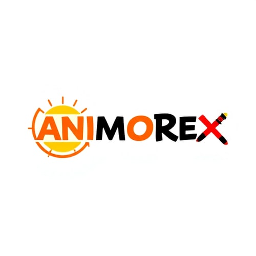 AI Design for Create a flat vector, illustrative-style wordmark logo design for an anime recommendation site named 'Animorex', where the 'O' is replaced by a circular manga speech bubble with small radiating lines, and the 'X' features crossed katana swords as the letter strokes. Use sunset orange (#FF8C42) for the speech bubble, crimson red (#DC143C) for the katana 'X', and midnight black (#000000) for other letters against a white background. Do not show any realistic photo detail shading.