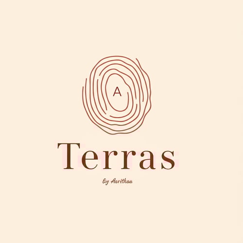 AI Design for Concept: The design focuses on the deeply personal act of a maker's hands shaping the clay. The thumbprint represents the human touch and the uniqueness of every handmade piece.
Elements and layout
Central graphic: An imperfect, abstract, and spiraling shape that subtly mimics a thumbprint.
The line of the spiral should have varying thickness, with a slightly wobbly or uneven feel, like a finger pressed into soft clay.
The center of the spiral should resolve into a tiny, elegant, and abstract letter 'A,' representing Asritha's personal signature.
Font choice:
"Terras": Positioned clearly below the graphic. Use a clean, modern, and simple sans-serif font, such as a thin weight of Montserrat or Raleway. The simple typography allows the intricate graphic to be the focal point.
"by Asritha": Place this secondary text in a smaller, more delicate, and subtly handwritten-style font. This personal touch balances the modern feel of the main name with a sense of handcrafted elegance.
Color palette:
The graphic (the thumbprint) is a soft, earthy, and warm beige, reminiscent of natural, un-fired clay.
The text is a deeper, dark brown, similar to the rich color of raw, wet clay.
Using variations of terracotta-related hues creates an inviting and authentic feel.