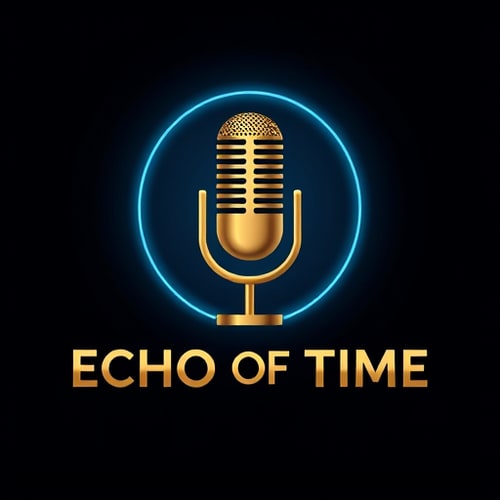 AI Design for Vector logo for the podcast ‘ECHO OF TIME’. A classic Shure-style studio microphone in metallic brushed gold, perfectly proportioned and centered, surrounded by a subtle neon blue glow on a dark navy-to-black gradient background. Bold uppercase sans-serif text ‘ECHO OF TIME’ in metallic gold beneath the microphone. Clean, minimal, flat vector style with crisp edges, combining vintage elegance and modern neon highlights, suitable for social media branding.”