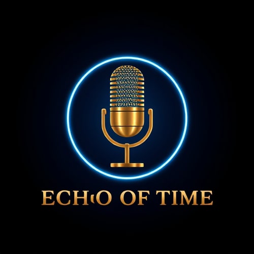 AI Design for Vector logo for the podcast ‘ECHO OF TIME’. A classic Shure-style studio microphone in metallic brushed gold, perfectly proportioned and centered, surrounded by a subtle neon blue glow on a dark navy-to-black gradient background. Bold uppercase sans-serif text ‘ECHO OF TIME’ in metallic gold beneath the microphone. Clean, minimal, flat vector style with crisp edges, combining vintage elegance and modern neon highlights, suitable for social media branding.”