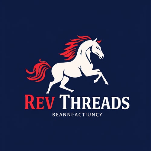AI Design for Rev Threads it's a textile manufacturing company in it add horse in logo with royal colour and style 