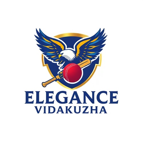 AI Design for Emblem for a cricket team named "Elegance Vidakuzha": A stylized representation of a majestic bird of prey (like an eagle or falcon) soaring above a cricket bat and ball, symbolizing power and precision. Incorporating subtle flowing lines that evoke elegance. Color palette: Deep royal blue, gold, and a touch of crimson red. Typography: A classic serif font for "Elegance" and a slightly more dynamic, yet refined sans-serif for "Vidakuzha". Design inspiration: Heraldic crests and modern sports branding. Visual execution details: Intricate detailing on the bird's feathers and a polished finish on the cricket equipment. Background type: Clean white or a subtle textured gradient.