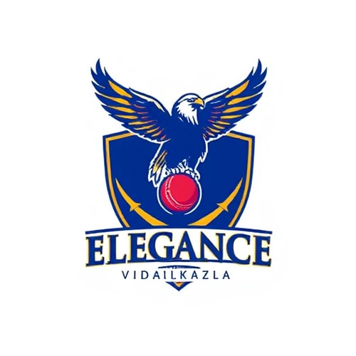 AI Design for Emblem for a cricket team named "Elegance Vidakuzha": A stylized representation of a majestic bird of prey (like an eagle or falcon) soaring above a cricket bat and ball, symbolizing power and precision. Incorporating subtle flowing lines that evoke elegance. Color palette: Deep royal blue, gold, and a touch of crimson red. Typography: A classic serif font for "Elegance" and a slightly more dynamic, yet refined sans-serif for "Vidakuzha". Design inspiration: Heraldic crests and modern sports branding. Visual execution details: Intricate detailing on the bird's feathers and a polished finish on the cricket equipment. Background type: Clean white or a subtle textured gradient.