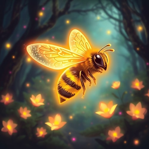 AI Design for A glowing magical bee with sparkling wings, flying in an enchanted forest with glowing flowers, fantasy digital art, vibrant colors, highly detailed