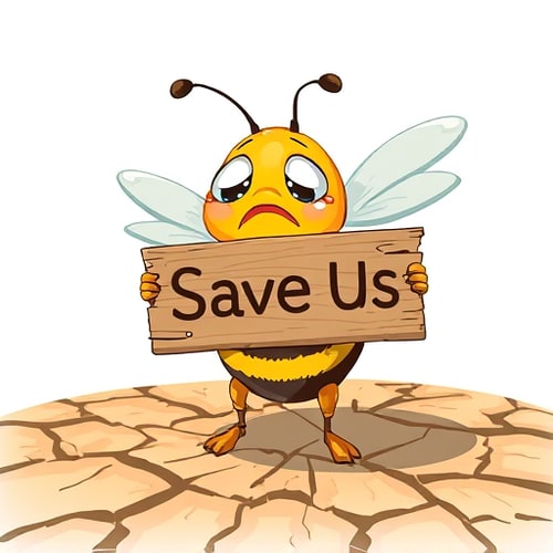 AI Design for A sad crying bee holding a wooden sign that says "Save Us", standing on dry cracked earth, environmental awareness poster, emotional illustration, detailed art
