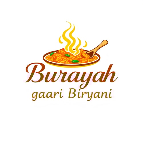 AI Design for Pictorial logo for a popular biryani restaurant named "Buraiah gaari Biryani": a stylized, steaming pot of biryani with fragrant rice and spices, paired with a subtle depiction of a traditional Indian spoon or ladle. Vibrant and warm, featuring rich saffron yellow, deep earthy brown, and a touch of emerald green. Elegant, slightly ornate script font for "Burayya" and a clean, modern sans-serif for "Biryani". Design with a touch of Mughal-inspired artistry, emphasizing the richness and aromatic nature of the dish. Visual execution will be a clean vector illustration with subtle gradients to suggest steam and texture. White background.