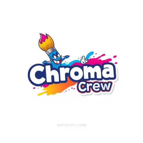 AI Design for Character for a lively and engaging animation studio named "Chroma Crew": A friendly, anthropomorphic paintbrush with a mischievous grin, leaving a trail of vibrant paint strokes. Primary colors are bright cyan, magenta, and yellow, with accents of deep indigo. Bold, rounded sans-serif font for "Chroma Crew", with a slightly hand-drawn feel for the tagline. Design inspired by classic cartoon animation and playful street art, with a focus on dynamic movement and expressive linework. Visual execution will be clean, flat design with subtle gradients to add depth. Solid, bright white background.