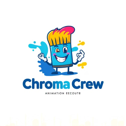 AI Design for Character for a lively and engaging animation studio named "Chroma Crew": A friendly, anthropomorphic paintbrush with a mischievous grin, leaving a trail of vibrant paint strokes. Primary colors are bright cyan, magenta, and yellow, with accents of deep indigo. Bold, rounded sans-serif font for "Chroma Crew", with a slightly hand-drawn feel for the tagline. Design inspired by classic cartoon animation and playful street art, with a focus on dynamic movement and expressive linework. Visual execution will be clean, flat design with subtle gradients to add depth. Solid, bright white background.