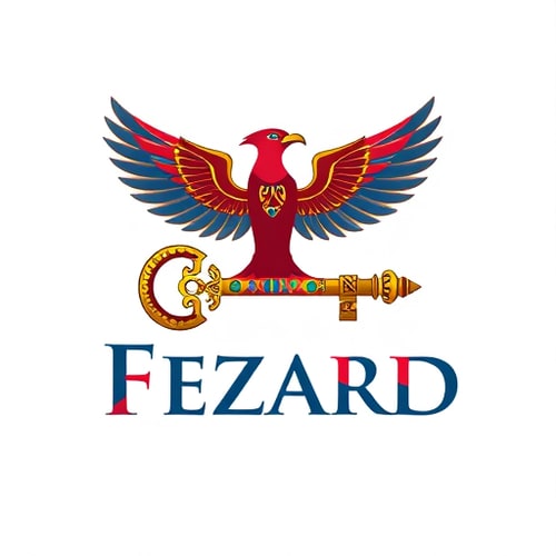 AI Design for Pictorial logo for a YouTube channel named "Fezard": A stylized phoenix rising from a stylized, ancient-looking key, symbolizing rebirth and unlocking knowledge. The phoenix incorporates subtle Egyptian hieroglyphic elements within its feathers. The key features a design reminiscent of an ancient artifact, perhaps with engraved patterns. Crimson red, gold, and deep indigo. Bold, slightly distressed serif font for the channel name, positioned below the icon. Inspired by ancient Egyptian art and mythology with a modern, eye-catching aesthetic. The phoenix should have dynamic wings and a fiery glow, while the key should appear solid and mysterious. Clean white background.