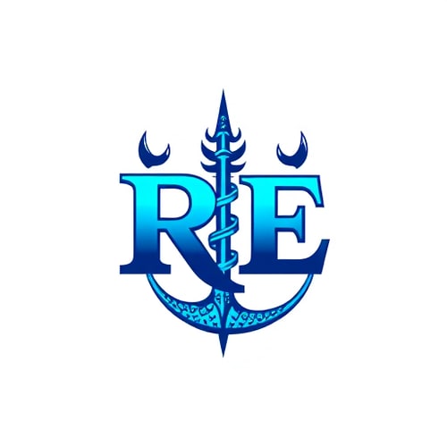 AI Design for design a logo for R.E With Trident in blue shade